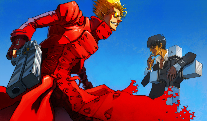 2boys adreean black_hair black_jacket blonde_hair blue_sky cigarette coat cross cross_punisher gun highres jacket long_coat male_focus multiple_boys nicholas_d._wolfwood pointy_nose priest red_coat revolver round_eyewear shirt sky smile spiked_hair sunglasses tinted_eyewear trigun vash_the_stampede weapon white_shirt