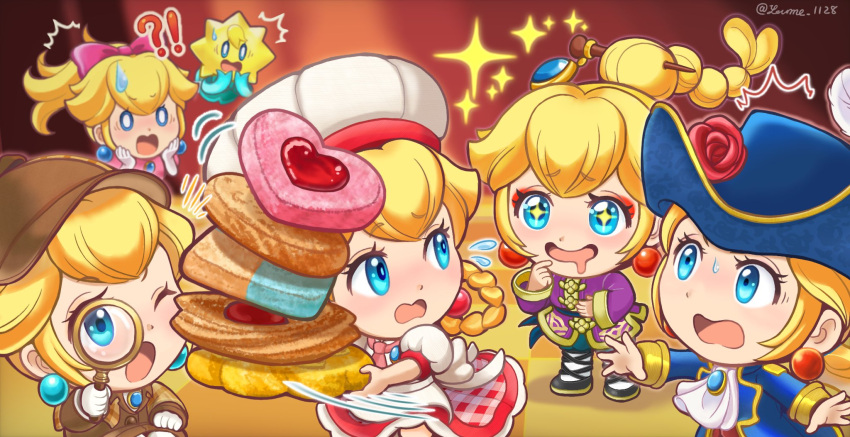 !? 5girls artist_name ascot blonde_hair blue_eyes blue_headwear blue_jacket bow braid braided_ponytail brooch brown_headwear brown_jacket chef_hat chibi cookie deerstalker detective_peach dress earrings flower food gloves hair_bow hat hat_flower highres holding holding_food holding_magnifying_glass jacket jewelry kung_fu_peach magnifying_glass mario_(series) multiple_girls multiple_persona official_alternate_costume official_alternate_hairstyle one_eye_closed open_mouth patissiere_peach pink_bow pink_dress princess_peach princess_peach:_showtime! purple_jacket red_flower red_rose rose sparkling_eyes sphere_earrings stella_(peach) suruga_kanade swordfighter_peach white_ascot white_gloves white_headwear