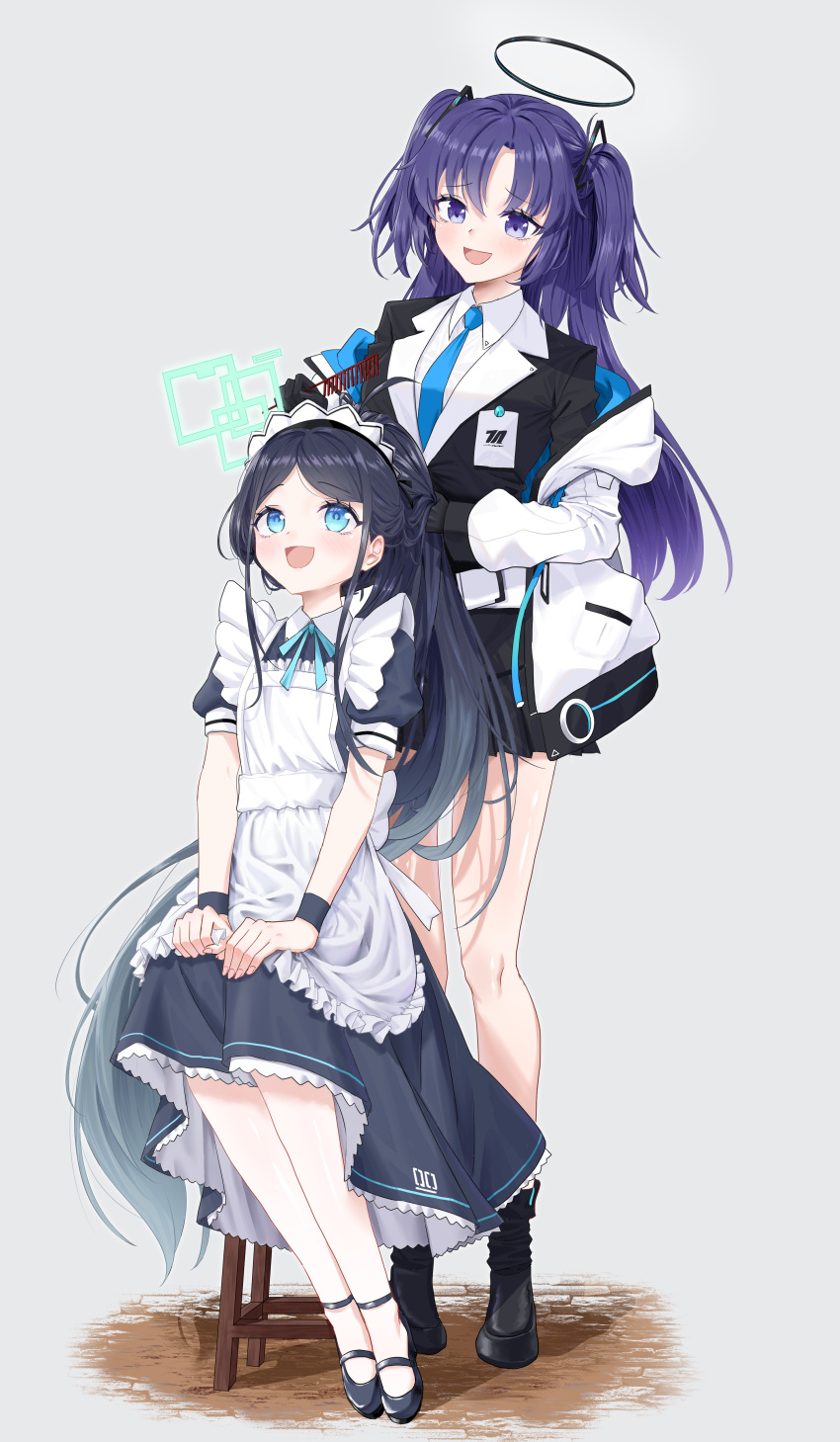 2girls absurdres apron aris_(blue_archive) aris_(maid)_(blue_archive) black_dress black_footwear black_hair black_skirt blue_archive blue_eyes blue_necktie blush boots breasts collared_shirt dress frilled_apron frills green_halo grey_background halo highres jacket long_sleeves maid maid_apron maid_headdress mechanical_halo medium_breasts multiple_girls necktie official_alternate_costume open_mouth pleated_skirt ponytail puffy_short_sleeves puffy_sleeves purple_eyes purple_hair shirt shoes short_sleeves simple_background skirt smile suit two-sided_fabric two-sided_jacket two_side_up weasaker white_apron white_jacket white_shirt yuuka_(blue_archive)