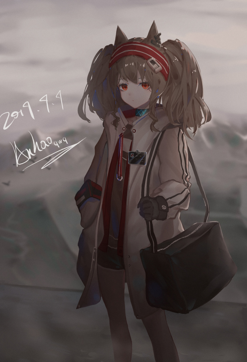 1girl absurdres angelina_(arknights) anhao1224 animal_ears arknights bag black_shorts brown_hair coat dark dated dot_nose drawstring earpiece expressionless fox_ears fox_girl hairband hand_in_pocket highres infection_monitor_(arknights) long_hair open_clothes open_coat red_eyes red_hairband short_shorts shorts sidelocks signature solo standing striped_clothes striped_hairband twintails white_coat