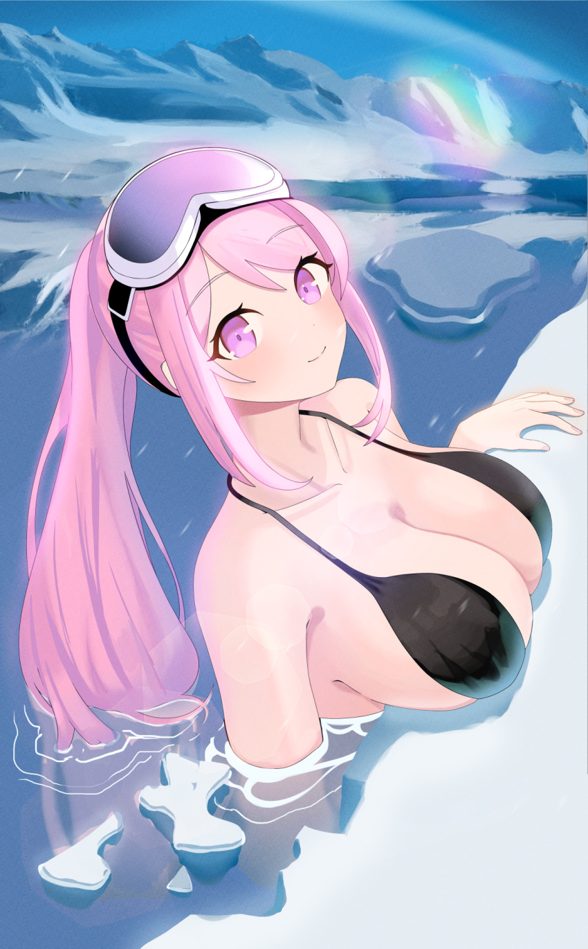 1girl bare_shoulders bikini black_bikini blue_archive blush breasts cleavage closed_mouth collarbone commentary dot_nose eimi_(blue_archive) eimi_(swimsuit)_(blue_archive) fingernails glacier goggles goggles_on_head highres ice large_breasts lens_flare long_hair looking_at_viewer mountainous_horizon nail_polish night night_sky no_halo outdoors partially_submerged pink_eyes pink_hair pink_nails ponytail sglike365 ski_goggles sky smile solo swimsuit