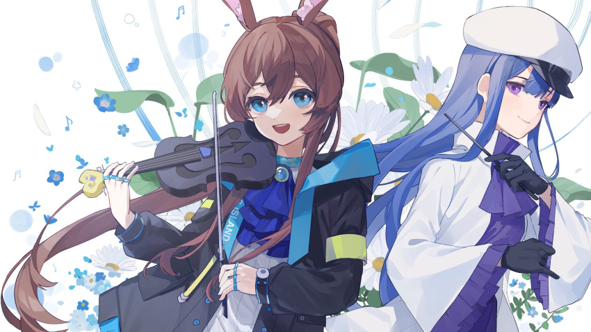 2girls amiya_(arknights) animal_ears arknights ascot black_gloves blue_ascot blue_eyes blue_flower blue_hair brown_hair cjsdh1000 crossover flower frills gloves hat highres holding holding_instrument instrument jewelry leaf long_hair long_sleeves marija_(muse_dash) multiple_girls multiple_rings muse_dash musical_note open_mouth petals ponytail purple_eyes rabbit_ears ring white_flower white_headwear