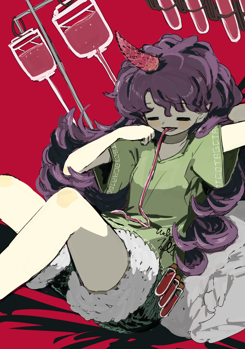 1girl absurdres blood blood_bag blush closed_eyes green_shirt green_shorts highres horns iv_stand long_hair neruzou open_mouth pointy_ears purple_hair red_background red_horns shirt short_sleeves shorts simple_background single_horn smile solo tenkajin_chiyari test_tube touhou