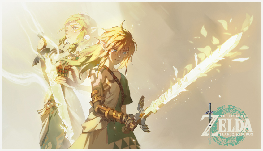 1boy 1girl absurdres archaic_set_(zelda) asymmetrical_clothes blonde_hair blue_eyes circlet crying crying_with_eyes_open ddzheng dress glowing glowing_sword glowing_weapon highres holding holding_sword holding_weapon link long_hair master_sword pointy_ears princess_zelda strapless strapless_dress sword tears the_legend_of_zelda the_legend_of_zelda:_tears_of_the_kingdom tunic weapon white_dress