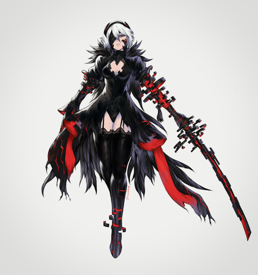 1girl 2b_(nier:automata) abyssal_ship adapted_costume alternate_eye_color black_blindfold black_garter_straps black_hairband black_leotard black_skirt black_thighhighs blindfold breasts cleavage cleavage_cutout clothing_cutout commentary digital_dissolve english_commentary feather_collar feather_trim floating full_body garter_straps hairband highres holding holding_sword holding_weapon kantai_collection kubaushi leotard medium_breasts mole mole_under_mouth nier_(series) one_eye_covered pale_skin red_eyes redesign short_hair showgirl_skirt skirt solo sword thighhighs weapon white_hair