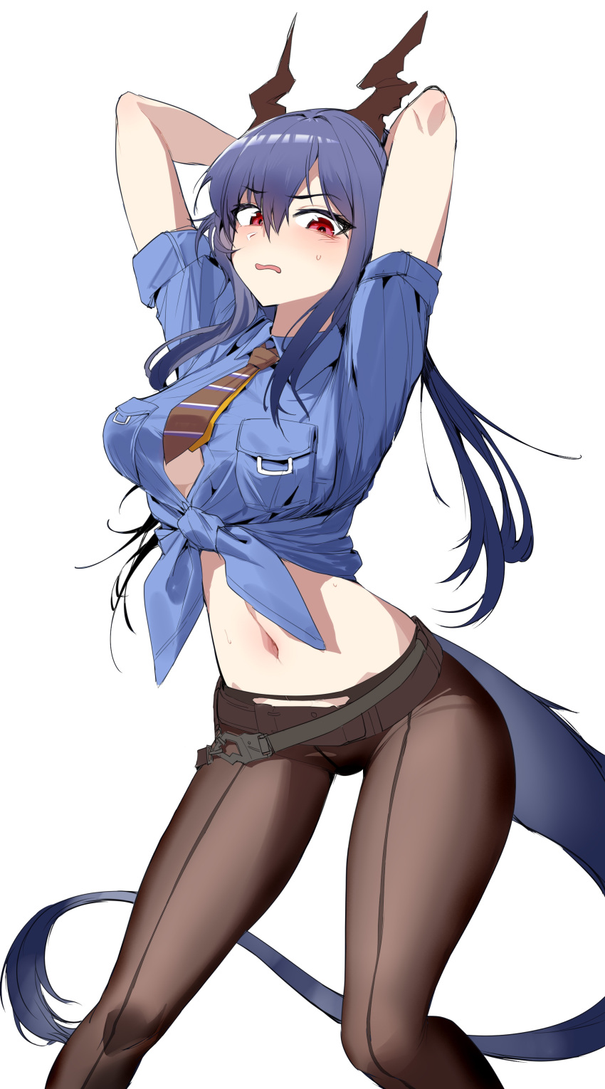 1girl absurdres arknights arms_behind_head arms_up belt blue_hair blue_shirt blush breasts ch'en_(arknights) commentary_request dragon_girl dragon_horns dragon_tail embarrassed hair_between_eyes highres hip_focus horns large_breasts leaning_forward legs_apart long_hair looking_at_viewer looking_down medium_breasts midriff navel necktie nervous no_bra no_pants open_mouth pantyhose red_eyes shirt solo standing stine_r tail thighs tied_shirt unbuttoned unbuttoned_shirt underboob very_long_hair
