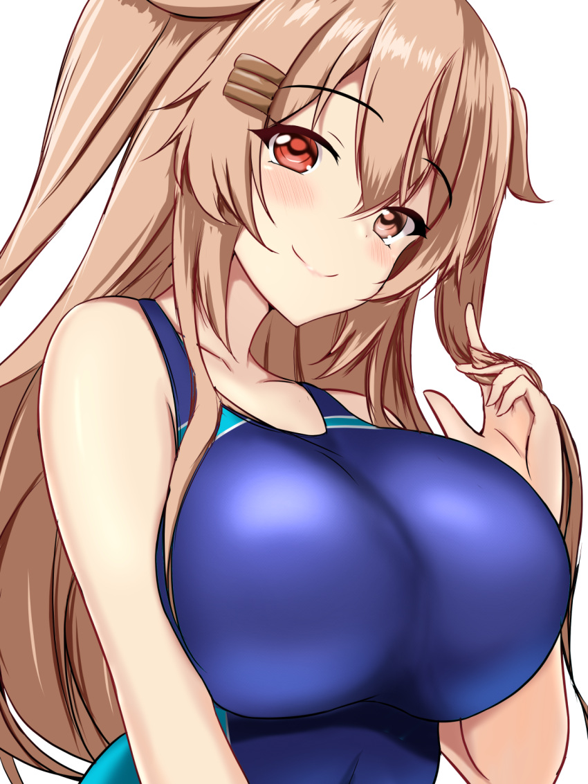 1girl alternate_costume blue_one-piece_swimsuit blush breasts brown_eyes collarbone competition_swimsuit covered_navel hair_between_eyes hair_flaps hair_ornament hairclip heterochromia highres kantai_collection large_breasts light_brown_hair long_hair looking_at_viewer montemasa murasame_(kancolle) murasame_kai_ni_(kancolle) one-piece_swimsuit red_eyes smile solo swimsuit two-tone_swimsuit two_side_up upper_body white_background