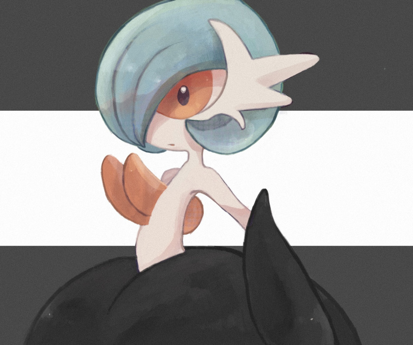 1girl alternate_color black_gloves black_skirt blue_hair bob_cut colored_skin commentary e_(pixiv_50139128) elbow_gloves flat_chest from_side gardevoir gloves hair_over_one_eye mega_gardevoir mega_pokemon one_eye_covered open_mouth orange_eyes pokemon pokemon_(creature) shiny_pokemon short_hair simple_background skirt solo topless two-tone_background white_skin