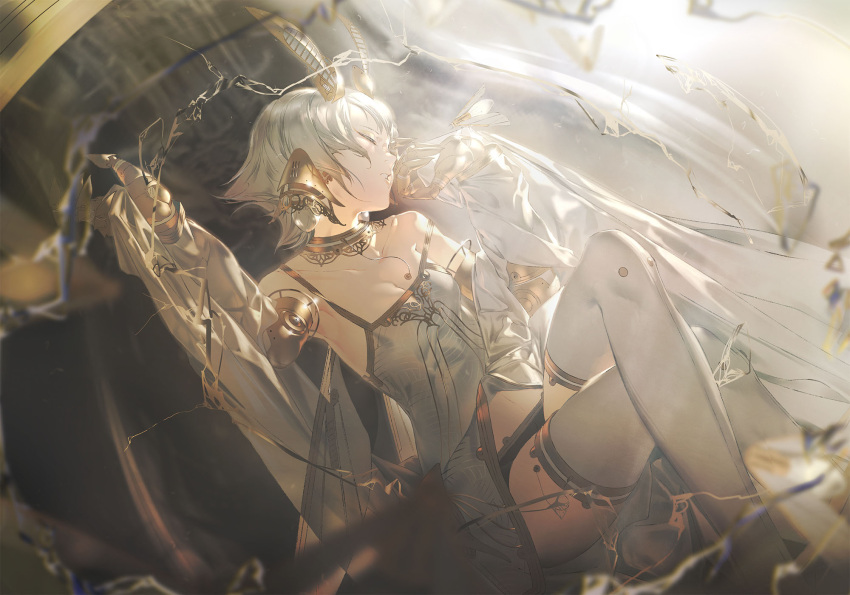1girl antennae breasts closed_eyes crossed_legs dress grey_dress grey_hair grey_thighhighs highres insect_wings mechanical_arms miv4t original short_hair small_breasts solo strap_slip thighhighs wings
