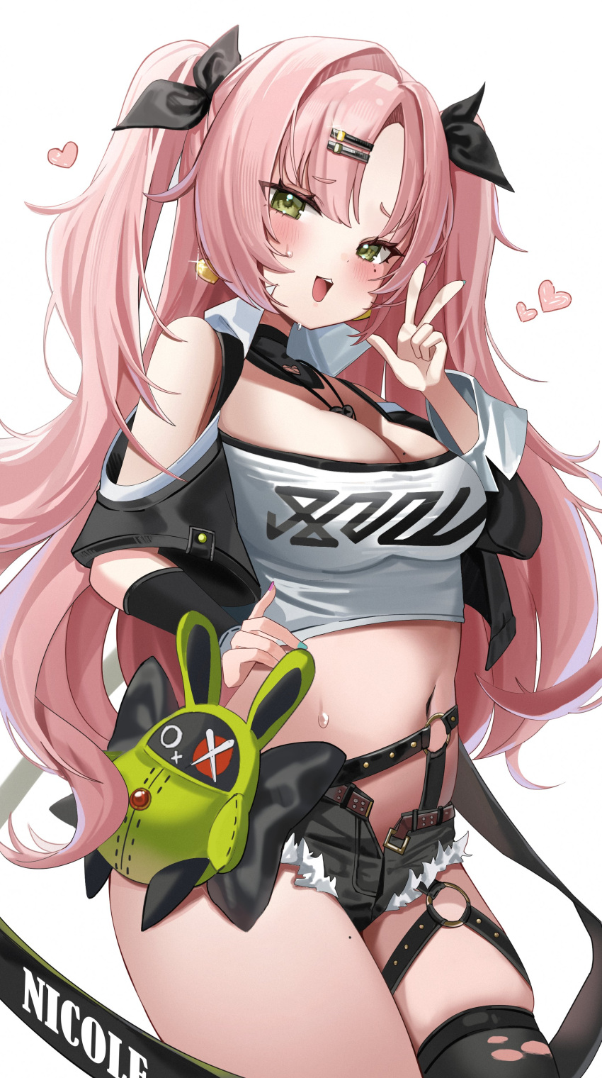 1girl absurdres bare_shoulders black_ribbon black_shorts black_thighhighs blush breasts cleavage commentary cowboy_shot crop_top cutoffs earrings glint green_eyes green_nails hair_ornament hair_ribbon hairclip hand_on_own_hip hand_up heart heart_earrings highres jewelry large_breasts long_hair looking_at_viewer micro_shorts midriff mole mole_on_breast mole_on_thigh mole_under_eye multicolored_nails navel nicole_demara o-ring open_mouth pink_hair pink_nails ribbon shorts simple_background single_thighhigh smile solo stomach strapless sweat thighhighs thighs torn_clothes torn_thighhighs tube_top two_side_up w white_background whitebc zenless_zone_zero