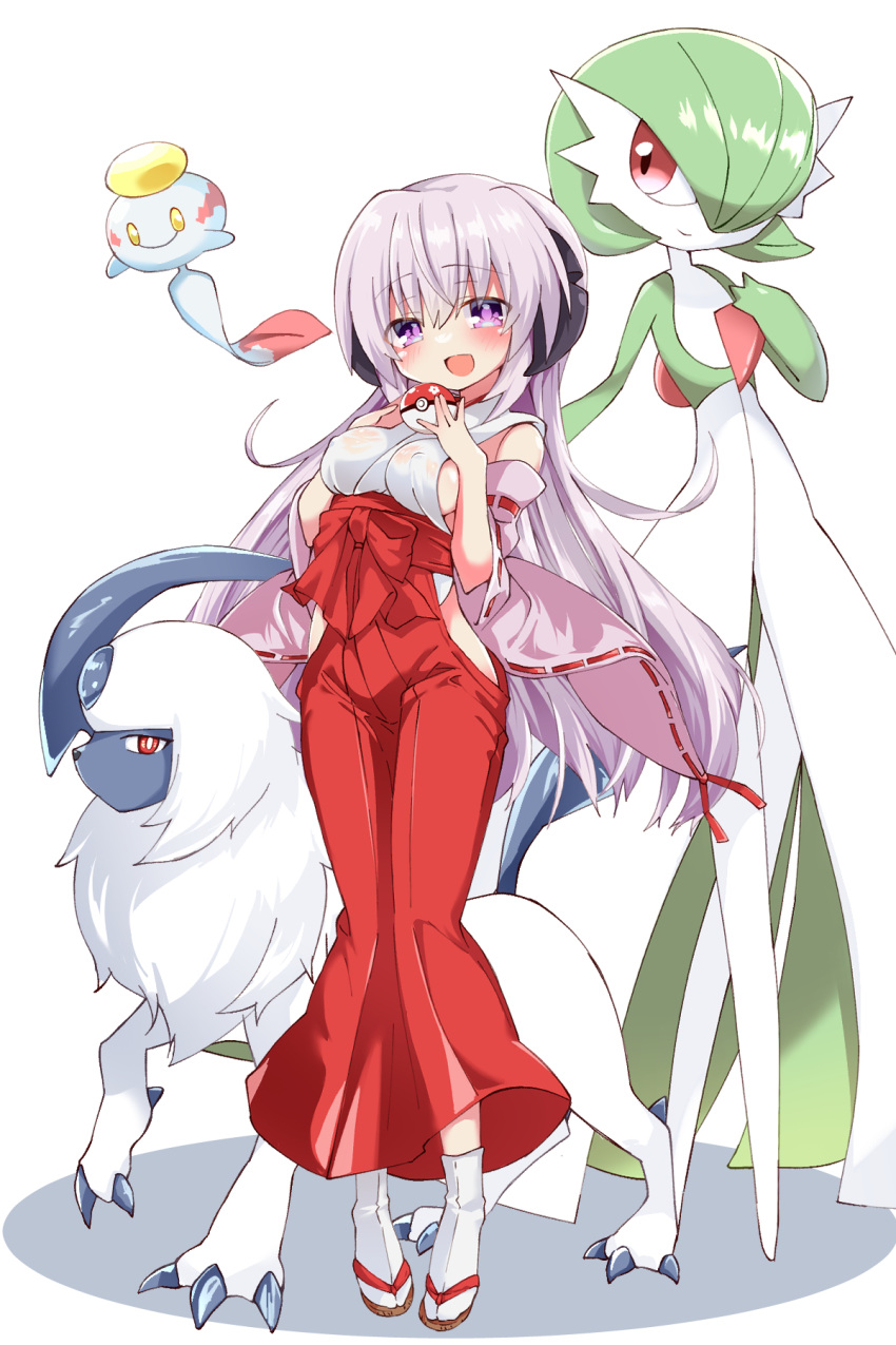 1girl 3105lave absol animal_nose blush body_fur breasts bright_pupils chimecho claws colored_skin covered_nipples crossover detached_sleeves fluffy full_body gardevoir hair_over_one_eye hakama hanyuu highres higurashi_no_naku_koro_ni holding holding_poke_ball horns japanese_clothes long_bangs long_hair long_sleeves looking_at_viewer mane medium_breasts miko neck_fur no_nose nontraditional_miko one_eye_covered open_mouth poke_ball pokemon pokemon_(creature) purple_eyes purple_hair red_eyes red_hakama ribbon-trimmed_sleeves ribbon_trim sandals sash see-through see-through_shirt sideboob sidelocks simple_background single_horn smile solo standing tabi tail tight_clothes very_long_hair white_background white_fur white_pupils white_skin wide_sleeves zouri