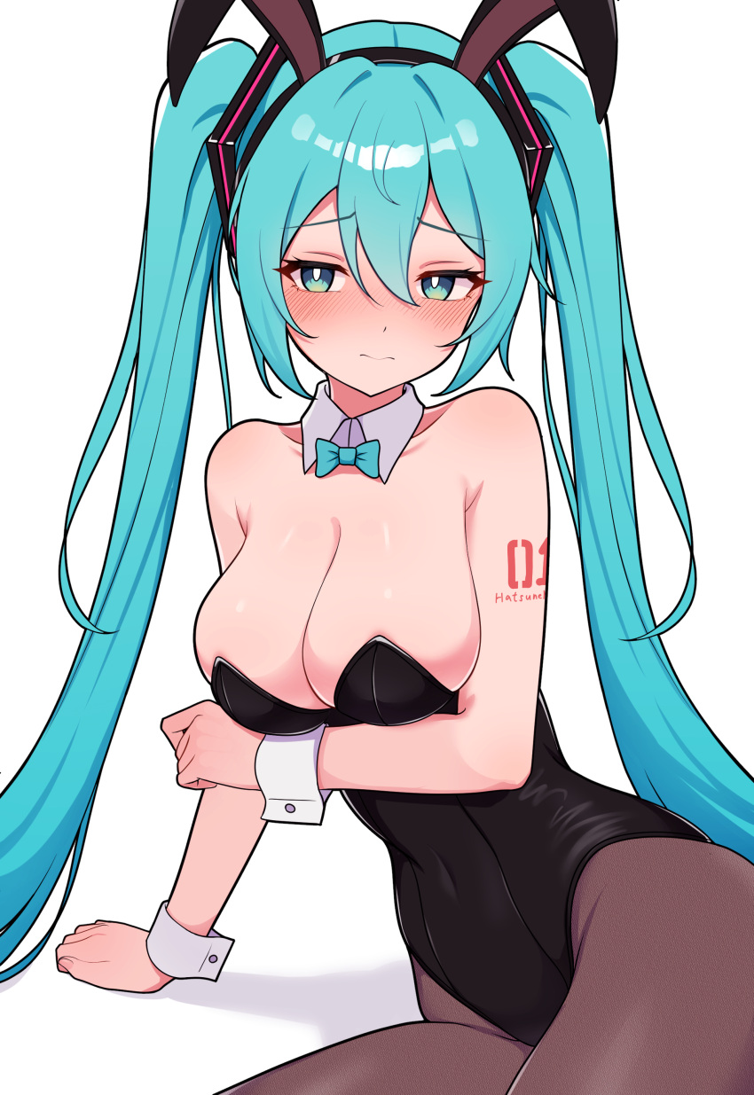 1girl absurdres animal_ears aqua_bow aqua_bowtie aqua_eyes aqua_hair arm_support arm_under_breasts bare_shoulders black_leotard black_pantyhose blush bow bowtie breasts cleavage closed_mouth commentary_request detached_collar embarrassed fake_animal_ears hair_ornament hatsune_miku highres kumada_gaon large_breasts leotard long_hair looking_at_viewer pantyhose playboy_bunny rabbit_ears simple_background sitting solo strapless strapless_leotard twintails very_long_hair vocaloid white_background white_wrist_cuffs wrist_cuffs yokozuwari