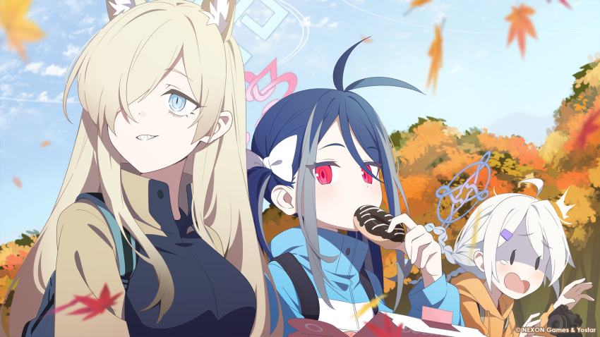 3girls ahoge animal_ears antenna_hair autumn autumn_leaves blonde_hair blue_archive blue_eyes blue_hair blue_halo blush braid breasts doughnut extra_ears food fubuki_(blue_archive) grey_hair grin hair_over_one_eye halo highres holding holding_food kanna_(blue_archive) kirino_(blue_archive) large_breasts leaf long_hair long_sleeves maple_leaf multiple_girls official_art open_mouth pink_halo red_eyes second-party_source sharp_teeth small_breasts smile supershiruco teeth twin_braids twintails