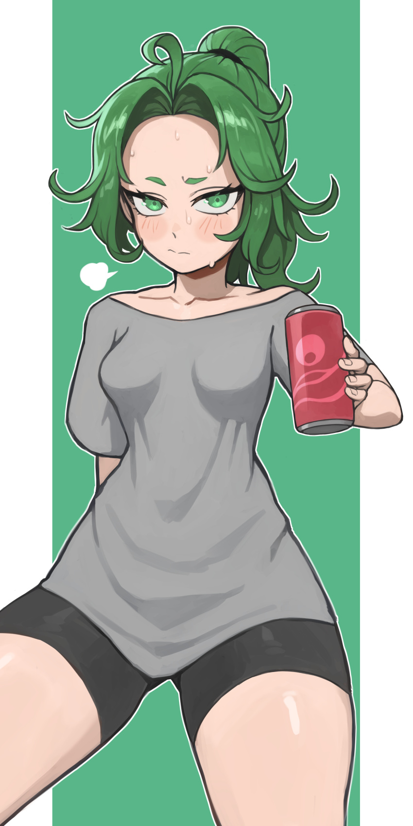 1girl absurdres alternate_costume alternate_hairstyle black_shorts blush breasts can collarbone cowboy_shot green_background grey_shirt highres holding holding_can mogglebear one-punch_man parted_bangs ponytail shiny_skin shirt short_sleeves shorts small_breasts solo sweat tatsumaki white_background