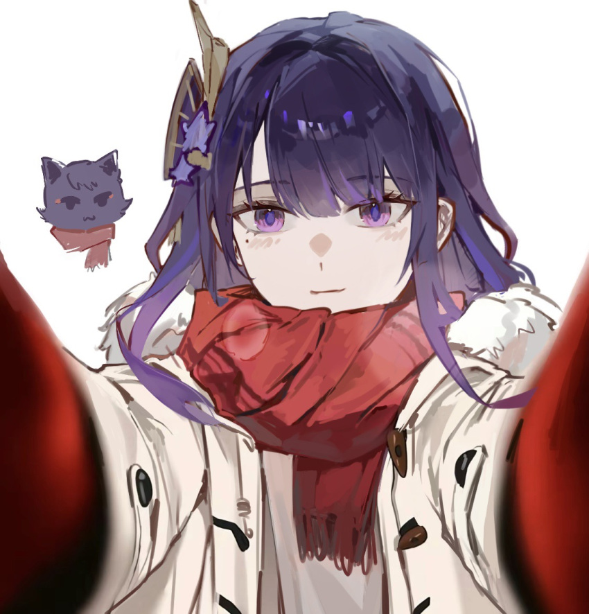 1girl blunt_bangs closed_mouth coat fur_collar genshin_impact gloves hair_ornament hands_on_another's_cheeks hands_on_another's_face hands_up kis7908992 light_blush light_smile looking_at_viewer mole mole_under_eye open_clothes open_coat pov purple_eyes purple_hair raiden_shogun red_gloves red_scarf scaramouche_(cat)_(genshin_impact) scaramouche_(genshin_impact) scarf simple_background solo white_background winter_clothes