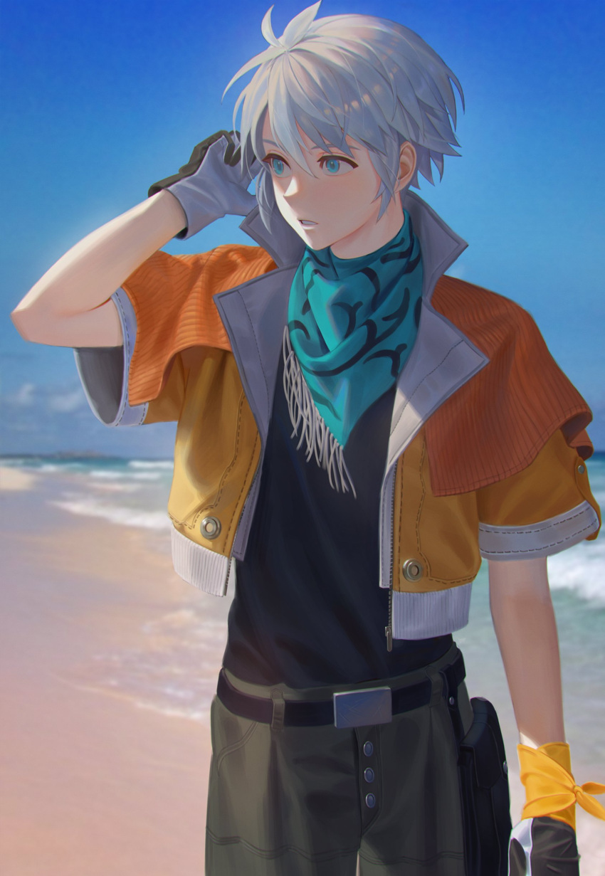 1boy absurdres aheure0329 aqua_eyes aqua_neckerchief aqua_scarf beach belt black_belt black_shirt cowboy_shot cropped_jacket final_fantasy final_fantasy_xiii gloves grey_gloves grey_hair grey_pants hair_between_eyes hand_in_own_hair highres hope_estheim jacket looking_to_the_side male_focus neckerchief ocean orange_jacket orange_wristband outdoors pants parted_lips scarf shirt shirt_tucked_in short_hair short_sleeves solo