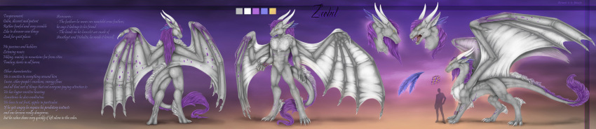 absurd_res anthro butt comparing dragon fantasy feral front_view hair hi_res horn long_image male model_sheet purple_hair selianth solo sunset teeth text white_body wide_image zeskel