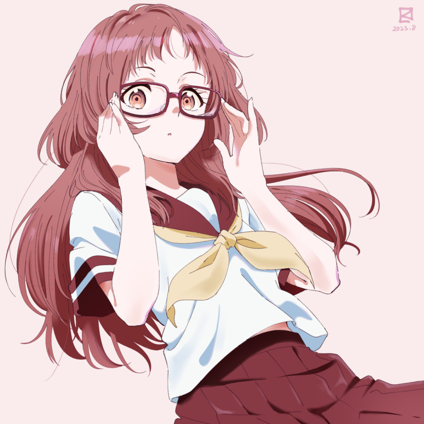 1girl brown_eyes brown_hair glasses highres long_hair mie_ai miyahara_takuya neckerchief school_uniform serafuku short_sleeves skirt solo sukinako_ga_megane_wo_wasureta upper_body