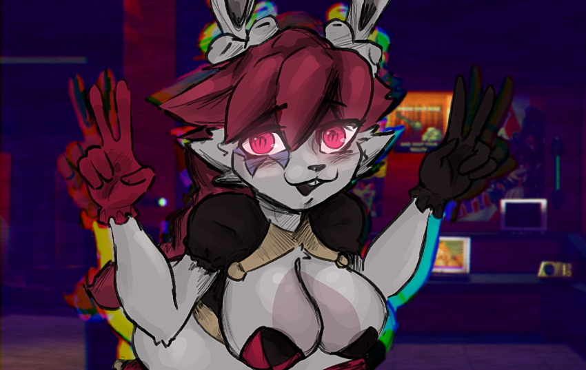 anthro big_breasts blush breasts clothed clothing female gesture gloves glowing glowing_eyes hand_gesture handwear hi_res in_heat_(game) lagomorph leporid mammal pink_eyes poppi_(in_heat) rabbit solo stormkinght v_sign