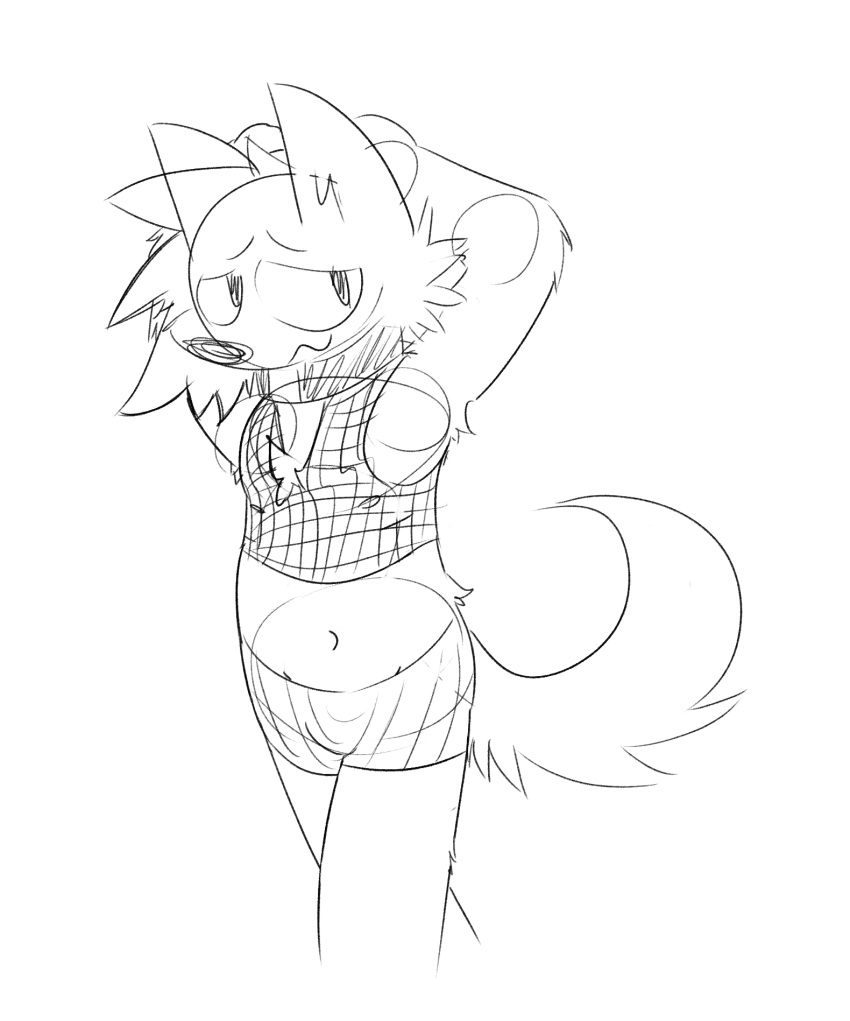 ambiguous_gender anthro bottomwear canid canine canis clothed clothing crop_top fishnet fishnet_clothing fishnet_topwear fur hair hi_res jakesayshi mammal navel nipples shirt shorts simple_background sketch smile solo tail topwear