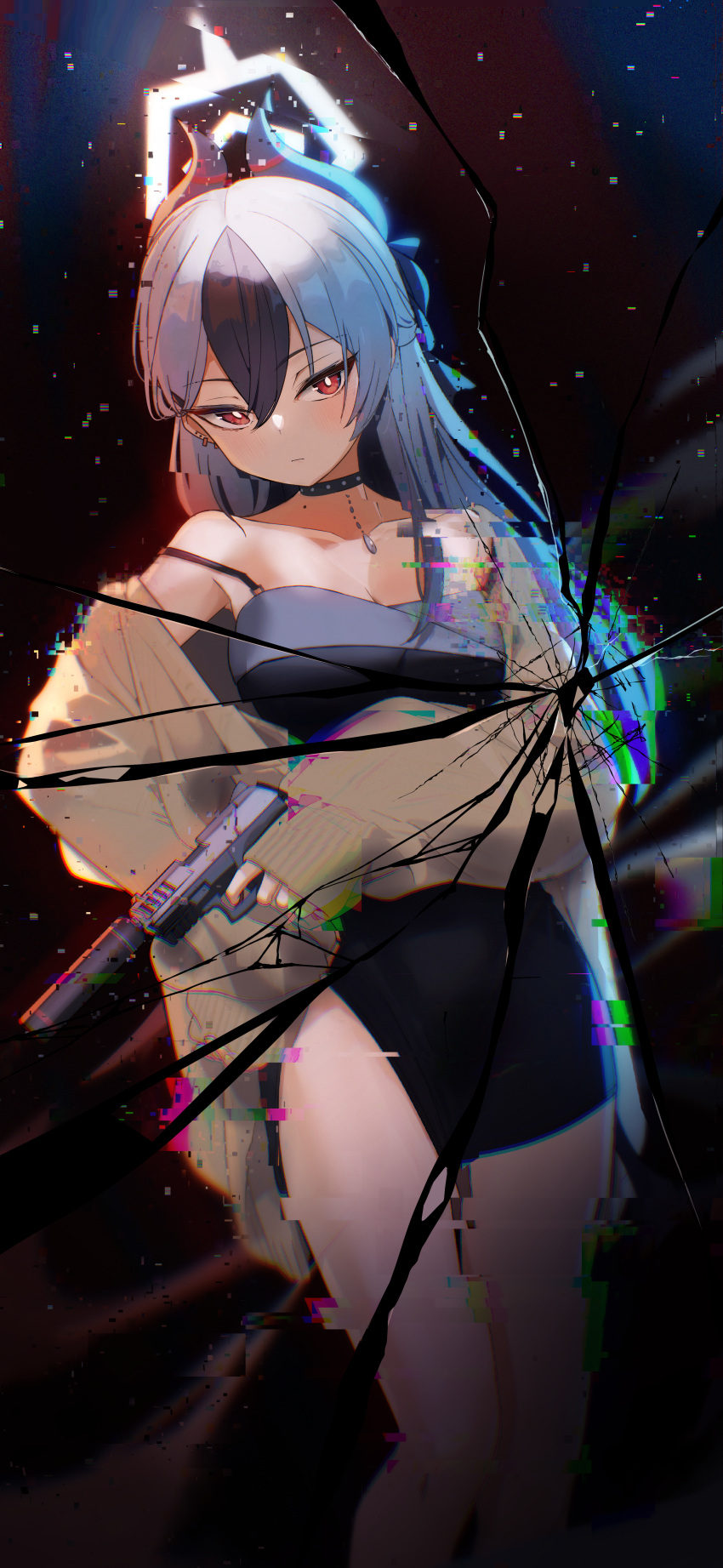 1girl absurdres black_choker black_dress black_hair black_horns blue_archive blush breasts choker cleavage closed_mouth collarbone demon_horns dress ear_piercing earrings feet_out_of_frame grey_hair grey_jacket gun hair_between_eyes halo highres holding holding_gun holding_weapon horns jacket jewelry kayoko_(blue_archive) kayoko_(dress)_(blue_archive) long_hair long_sleeves medium_breasts multicolored_hair official_alternate_costume open_clothes open_jacket patanda piercing red_eyes solo weapon