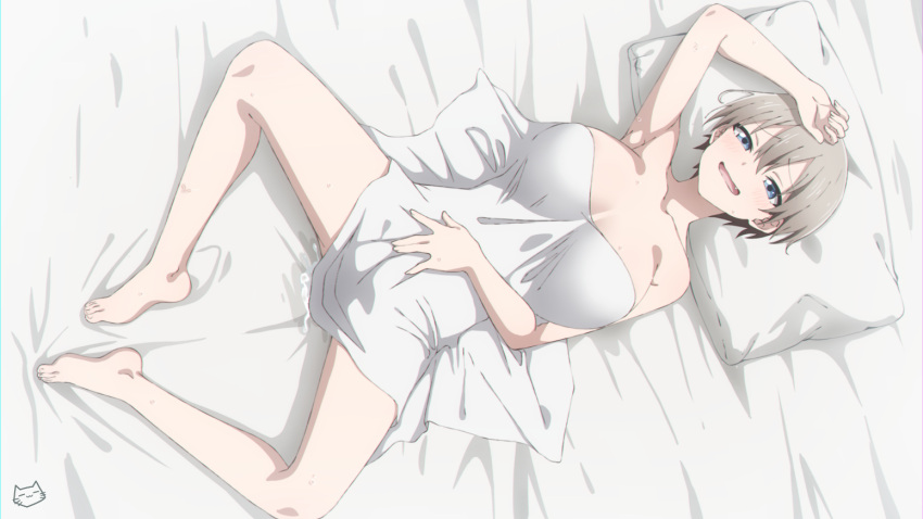 1girl bed bed_sheet blanket blue_eyes breasts covering_privates fang grey_hair hair_between_eyes huge_breasts keihh lying naked_sheet nude_cover on_back on_bed open_mouth pillow short_hair solo under_covers uzaki-chan_wa_asobitai! uzaki_hana