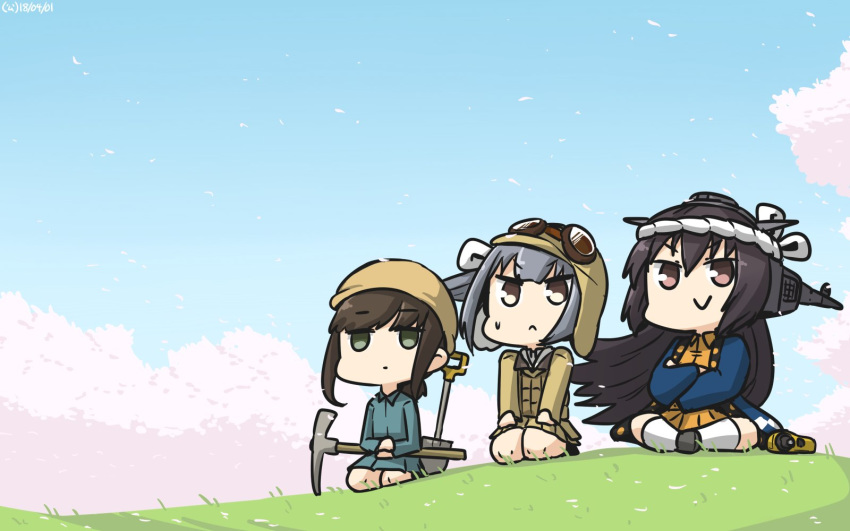 alternate_costume aviator_cap aviator_sunglasses black_hair blue_sky commentary construction_worker fubuki_(kantai_collection) green_eyes grey_eyes hamu_koutarou happi hardhat headgear helmet highres hill indian_style japanese_clothes kantai_collection kasumi_(kantai_collection) long_hair multiple_girls nagato_(kantai_collection) outdoors pickaxe red_eyes seiza silver_hair sitting sky sunglasses