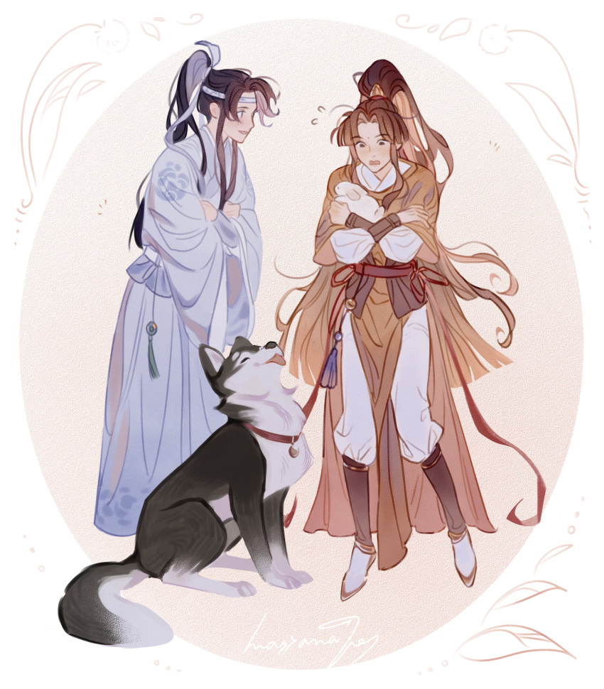 2boys absurdres animal animal_collar artist_name bindi black_hair blue_eyes blue_hanfu blush brown_eyes brown_hair chinese_clothes circle collar crossed_arms dog facial_mark flying_sweatdrops forehead_mark full_body hanfu headband high_ponytail highres holding holding_animal husky jin_ling lan_sizhui leash long_hair long_sleeves looking_at_another masyanajoy modao_zushi multiple_boys open_mouth pants rabbit ribbon sash smile standing tassel white_footwear white_headband white_pants white_ribbon wide_sleeves yellow_hanfu