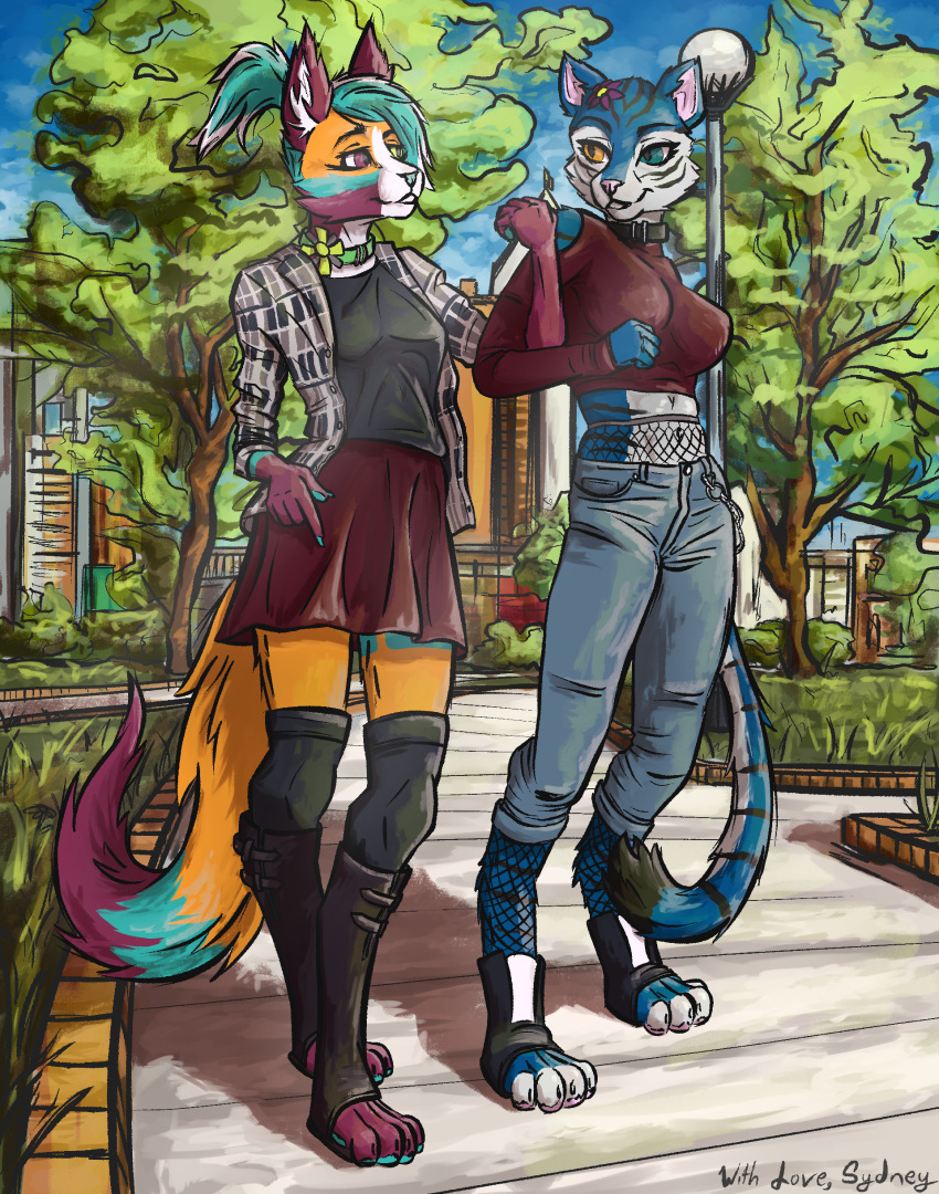 absurd_res anthro bottomwear canid canine clothed clothing collar day denim denim_bottomwear denim_clothing detailed_background domestic_cat duo felid feline felis female female/female fishnet fishnet_legwear footwear fox fully_clothed furgonomic_footwear furgonomics hair hi_res hybrid jeans legwear mammal nonbinary_(lore) pants park ponytail skirt smiling_at_each_other smiling_at_partner sydney_(sydney_onmars) sydney_onmars topwear trans_(lore) trans_woman_(lore) walking zoe_(zoemezune)