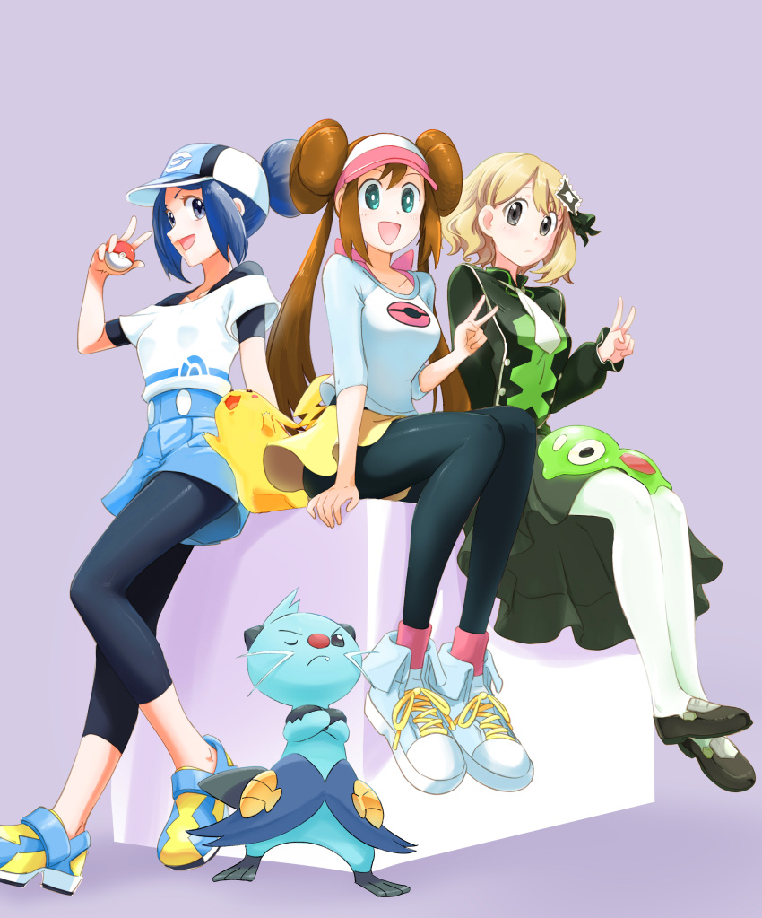 3girls :d absurdres bettie_(pokemon) black_dress blonde_hair blue_eyes blue_hair blue_shorts brown_hair dewott double_bun dress full_body green_eyes grey_eyes hair_bun hat highres holding holding_poke_ball leggings_under_shorts long_hair looking_at_viewer multiple_girls official_alternate_costume official_alternate_hairstyle open_mouth pantyhose pikachu poke_ball poke_ball_(basic) pokemon pokemon_(creature) pokemon_masters_ex purple_background rosa_(pokemon) serena_(pokemon) serena_(sygna_suit)_(pokemon) shirt shoes short_hair shorts single_hair_bun sitting smile twintails u4_99384295 v visor_cap w white_pantyhose white_shirt yellow_shorts zygarde zygarde_core