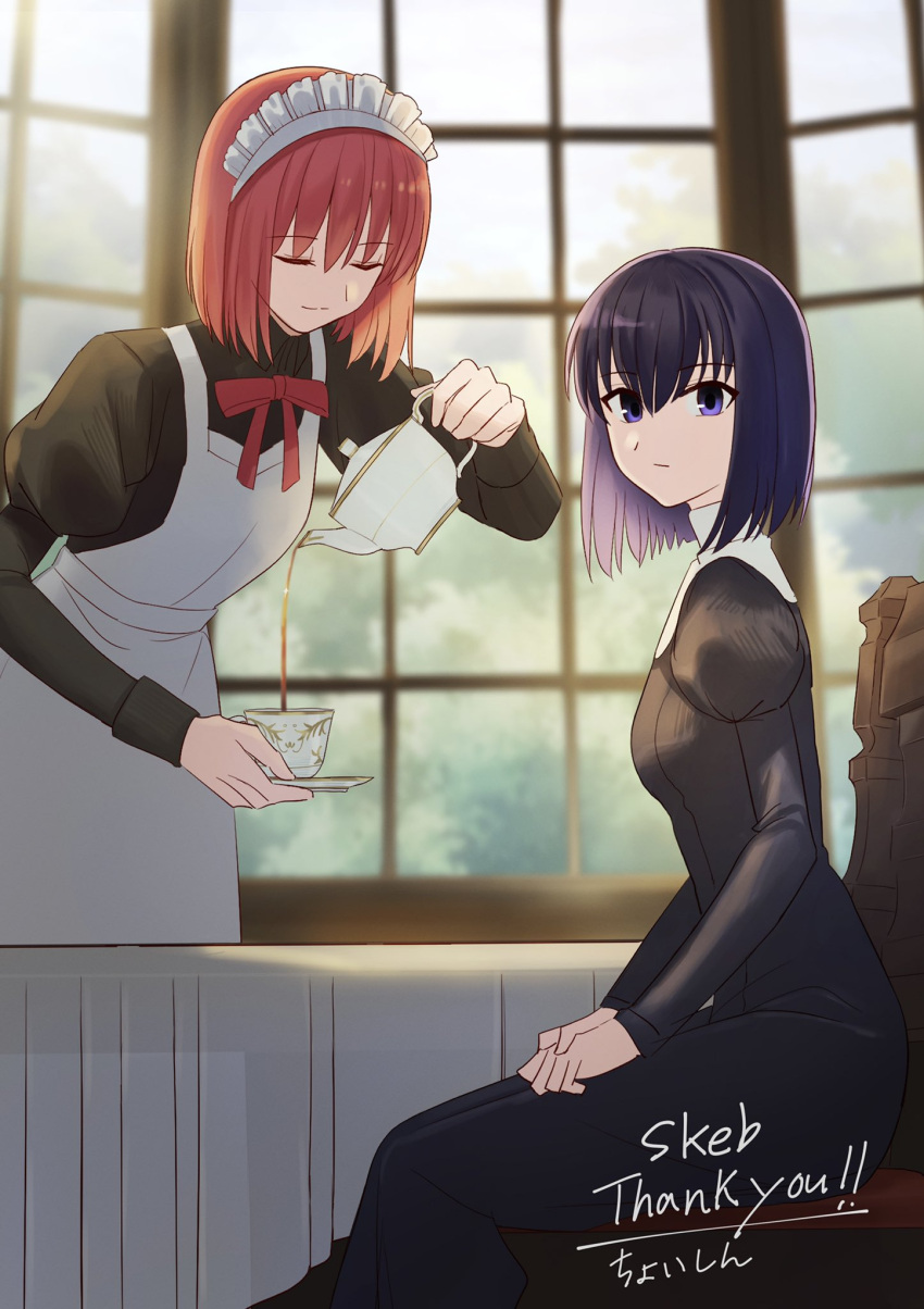 2girls apron black_dress black_hair chair closed_eyes closed_mouth commission crossover cup dress expressionless habit hair_between_eyes highres hisui_(tsukihime) holding holding_cup holding_teapot indoors juliet_sleeves kuonji_alice long_sleeves looking_at_viewer mahou_tsukai_no_yoru maid maid_apron maid_headdress mixed-language_commentary multiple_girls neck_ribbon puffy_sleeves purple_eyes red_hair red_ribbon ribbon shintyoi2 short_hair skeb_commission smile table tea teacup teapot thank_you tsukihime white_apron window