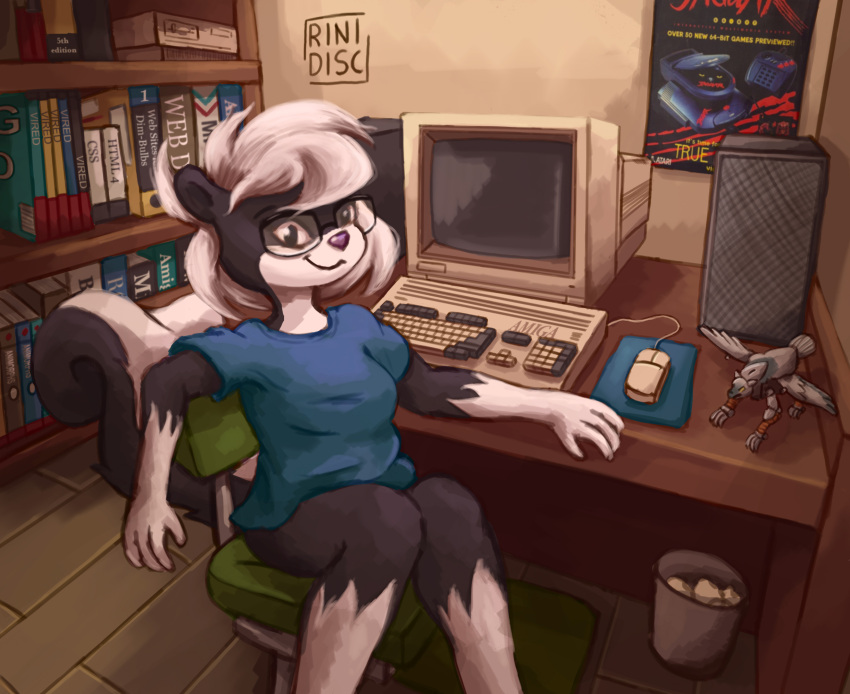 2024 4_fingers amiga_(computer) anthro atari atari_jaguar biped black_body black_fur blue_clothing blue_shirt blue_topwear bookshelf bottomless breasts chair clothed clothing commodore_international computer computer_mouse curved_tail detailed_background electronics eyewear female fingers fur furniture glasses gloves_(marking) hair hi_res leg_markings mammal markings mephitid office_chair pink_nose rinidisc round_ears sabrina_(sabrina_online) sabrina_online shirt sitting skunk smile socks_(marking) solo speaker tail topwear trash_can white_body white_fur white_hair