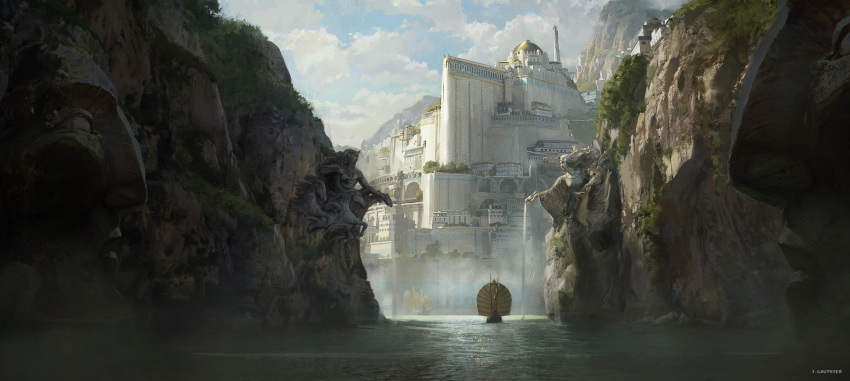 absurdres city cliff dome fantasy highres no_humans numenor renart rings_of_power river scenery statue tolkien's_legendarium tower water