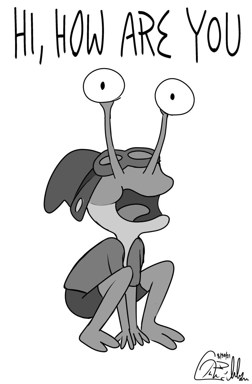 2021 2_antennae absurd_res album_reference all_fours amphibia_(series) amphibian anthro black_text clothing digital_drawing_(artwork) digital_media_(artwork) disney english_text eyestalks eyewear eyewear_on_head first_person_view frog goggles goggles_on_head grey_body grey_clothing grey_hat grey_headwear grey_shirt grey_skin grey_tongue grey_topwear hat headgear headwear hi_res looking_at_viewer male monochrome open_mouth parody poison_dart_frog saltdg shirt signature simple_background solo sprig_plantar strawberry_poison-dart_frog text tongue topwear white_background