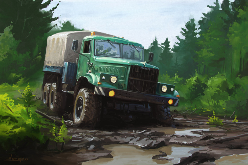 cloud forest grass highres kraz military_truck military_vehicle motor_vehicle mud nature no_humans original outdoors sergey_orlyansky sky truck vehicle_focus vehicle_request water