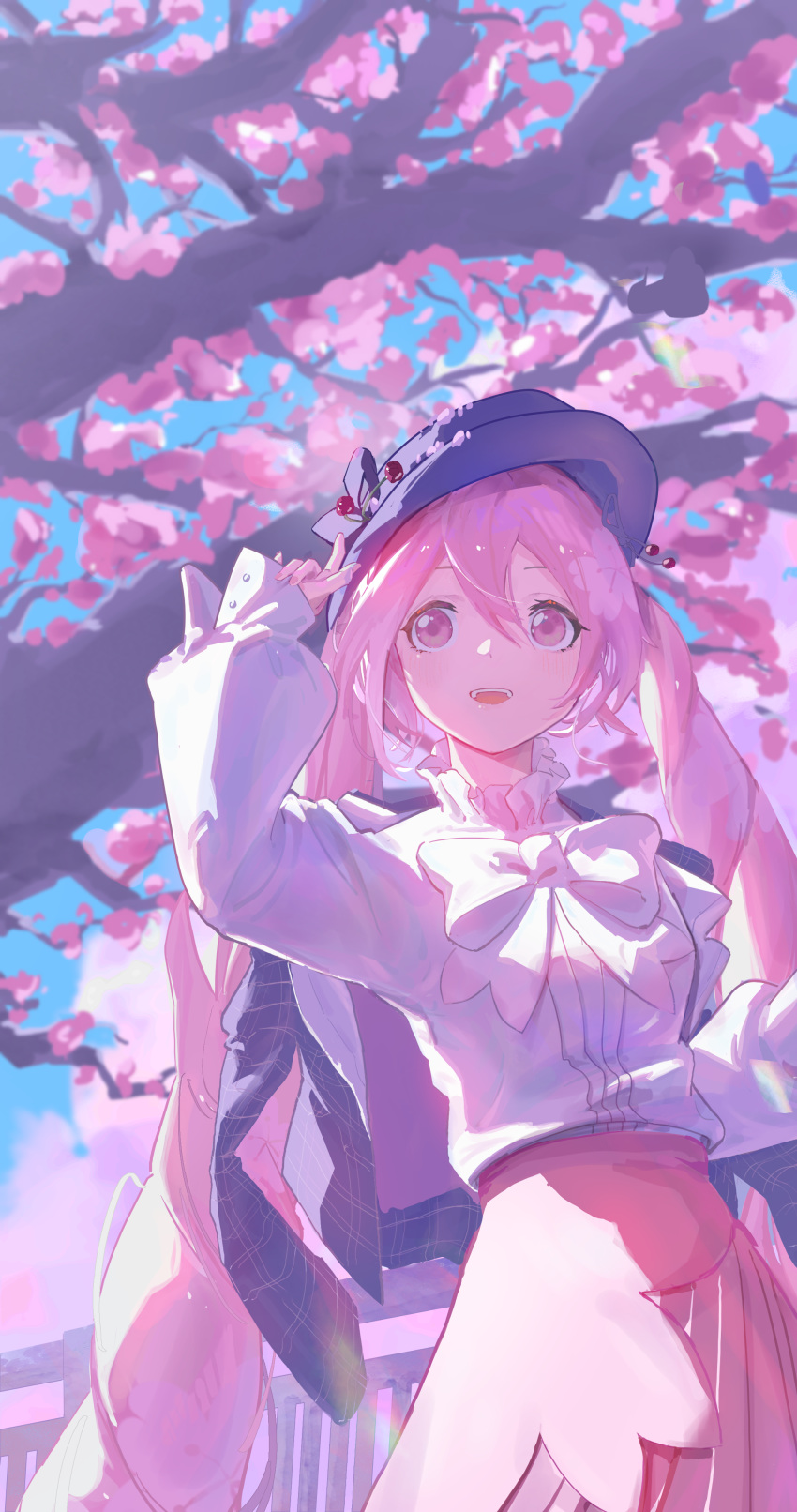 1girl absurdres blue_sky blush bow cherry_blossoms cloud curly_hair frilled_shirt_collar frilled_sleeves frills hair_between_eyes hat hatsune_miku highres jacket jacket_on_shoulders long_hair looking_ahead mala_tutou open_mouth pink_eyes pink_hair pink_skirt sakura_miku sidelighting skirt sky solo spring_(season) standing upper_body very_long_hair vocaloid white_bow