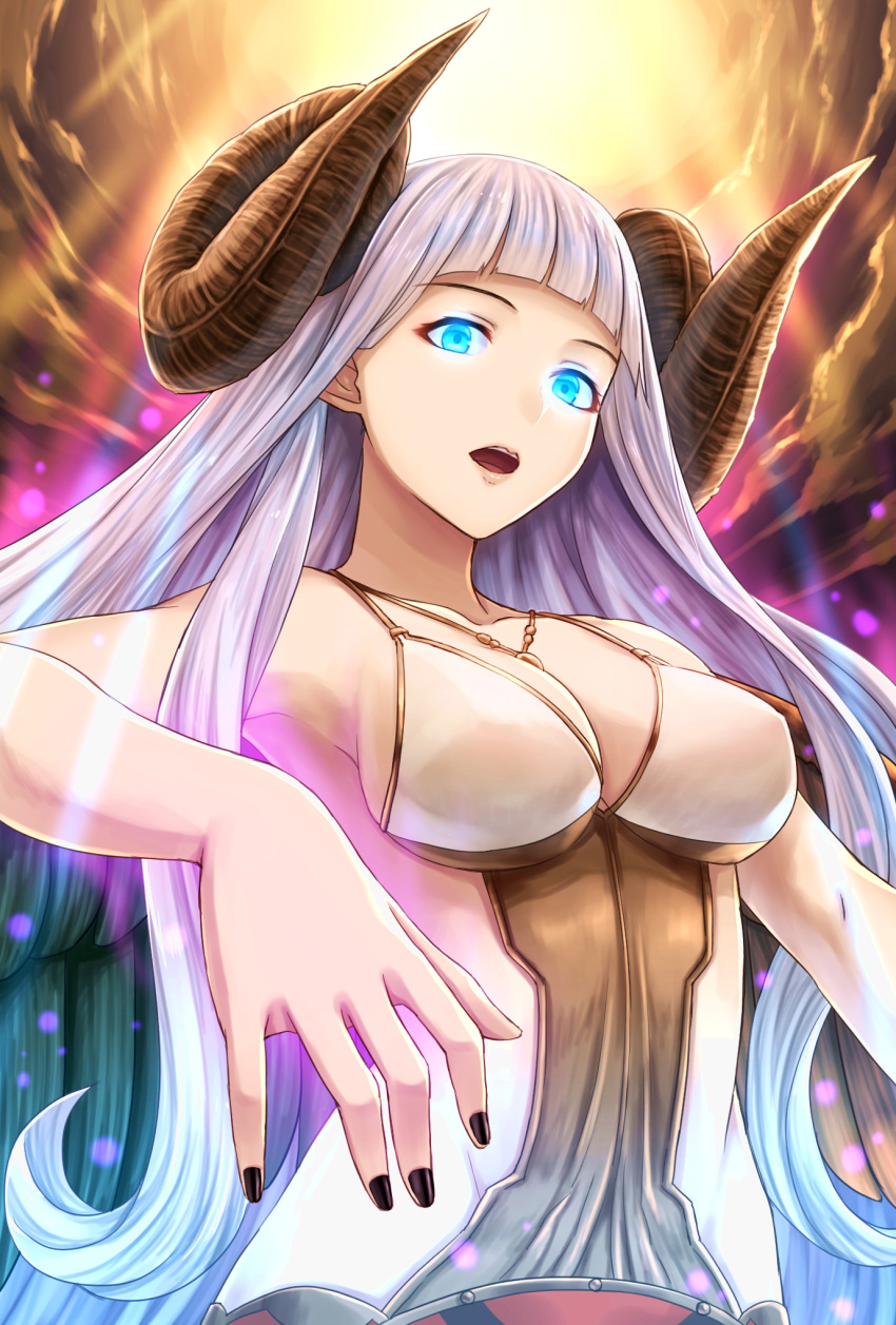 astaroth_(granblue_fantasy) bangs black_nails blue_eyes blunt_bangs breasts curled_horns eyebrows_visible_through_hair glowing glowing_eyes granblue_fantasy highres horns large_breasts long_hair looking_at_viewer nail_polish open_mouth revealing_clothes solo straight_hair tomo_(user_hes4085) upper_body very_long_hair