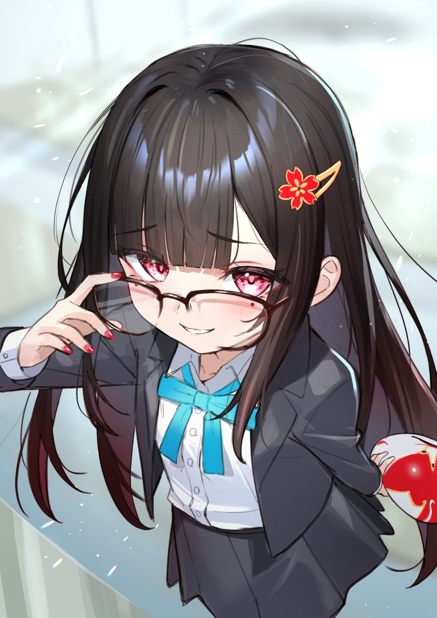 1girl adjusting_eyewear black-framed_eyewear black_hair black_jacket black_skirt blue_bow blurry blurry_background blush bow brown_hair collared_shirt commentary_request depth_of_field dress_shirt glasses gradient_hair hair_ornament hairclip hand_up highres holding holding_mask honkai:_star_rail honkai_(series) jacket long_hair looking_at_viewer mask multicolored_hair nail_polish open_clothes open_jacket over-kneehighs pleated_skirt red_eyes red_nails school_uniform shirt skirt smile solo sparkle_(honkai:_star_rail) thighhighs tsukiman unworn_mask very_long_hair white_shirt