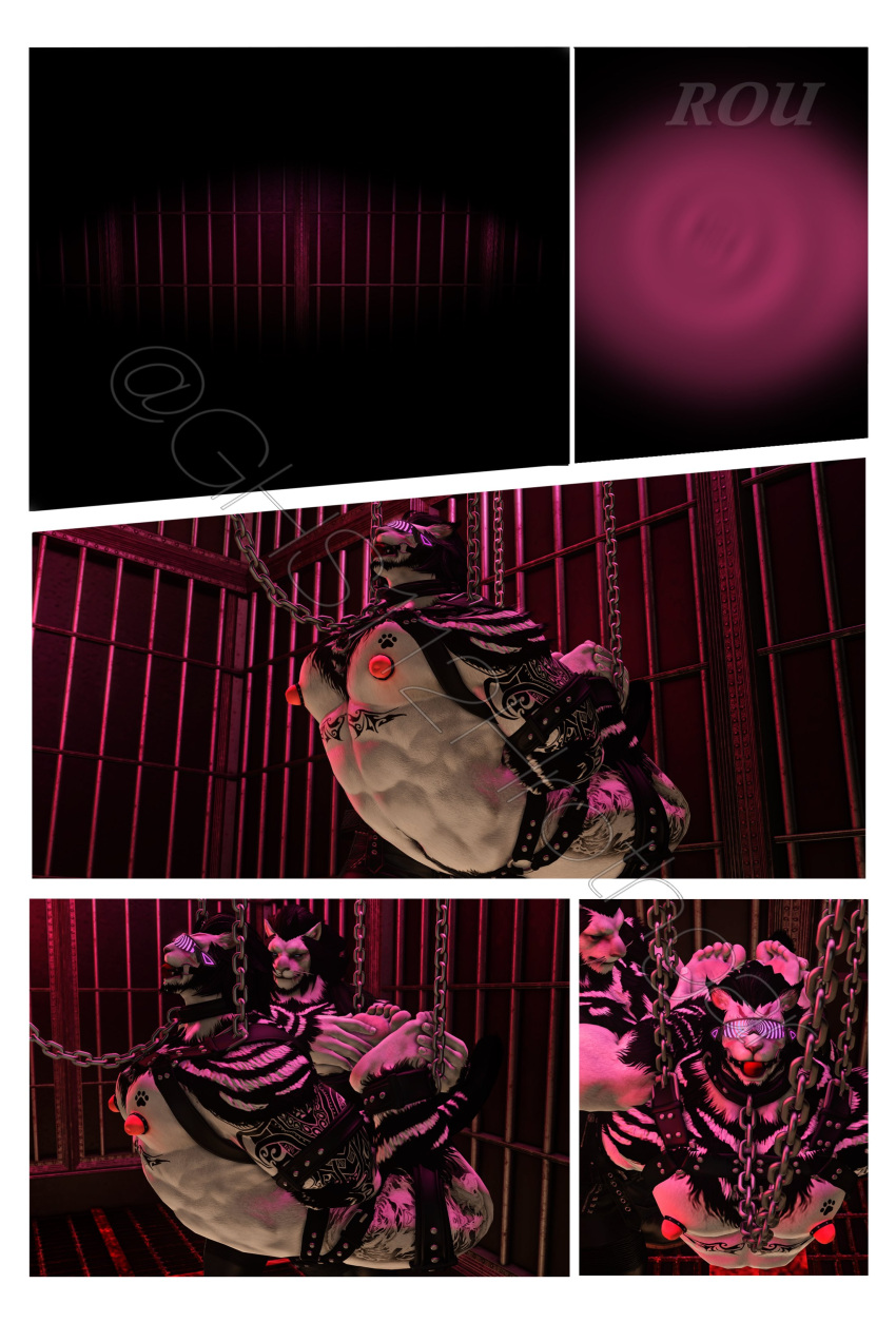3d_(artwork) abs absurd_res anthro arm_tattoo ball_gag barazoku biceps big_muscles black_body black_fur chain chain_leash chest_tattoo collar digital_media_(artwork) dominant dominant_anthro dominant_male duo duo_in_panel erect_nipples felid fur gag ghs112hrothgar hanging_bondage hi_res huge_muscles hypnotic_visor leash leashed_collar lion male male/male mammal muscular muscular_anthro muscular_dom muscular_male muscular_sub nipples pantherine pecs prison solo_in_panel submissive submissive_anthro submissive_male tattoo white_body white_fur