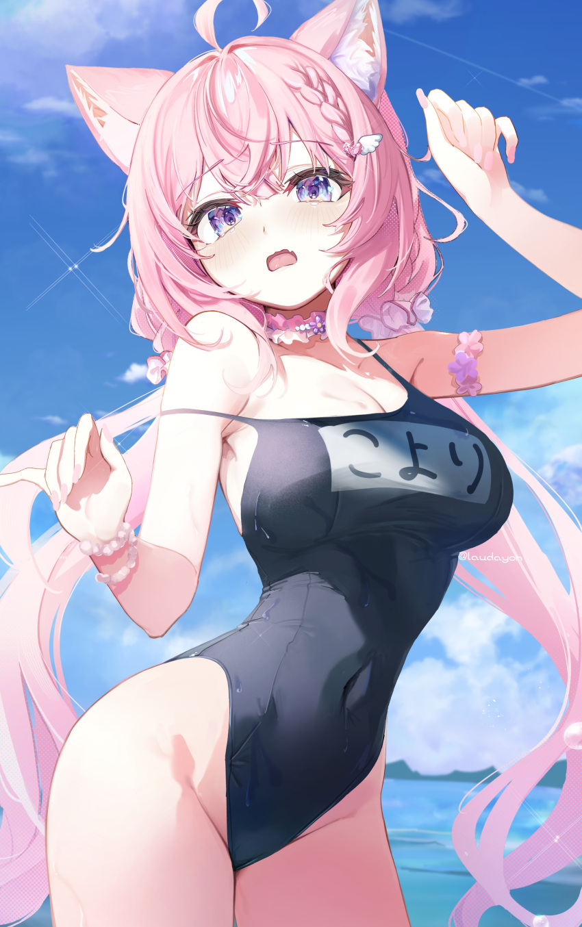 1girl absurdres ahoge animal_ears black_one-piece_swimsuit blue_sky breasts commentary_request covered_navel hair_ornament hair_scrunchie hakui_koyori heart heart_hair_ornament highres hololive laudayon low_twintails one-piece_swimsuit open_mouth pink_hair pink_scrunchie school_swimsuit scrunchie single_thighhigh sky solo strap_slip swimsuit thighhighs twintails virtual_youtuber water white_scrunchie white_thighhighs wolf_ears wolf_girl