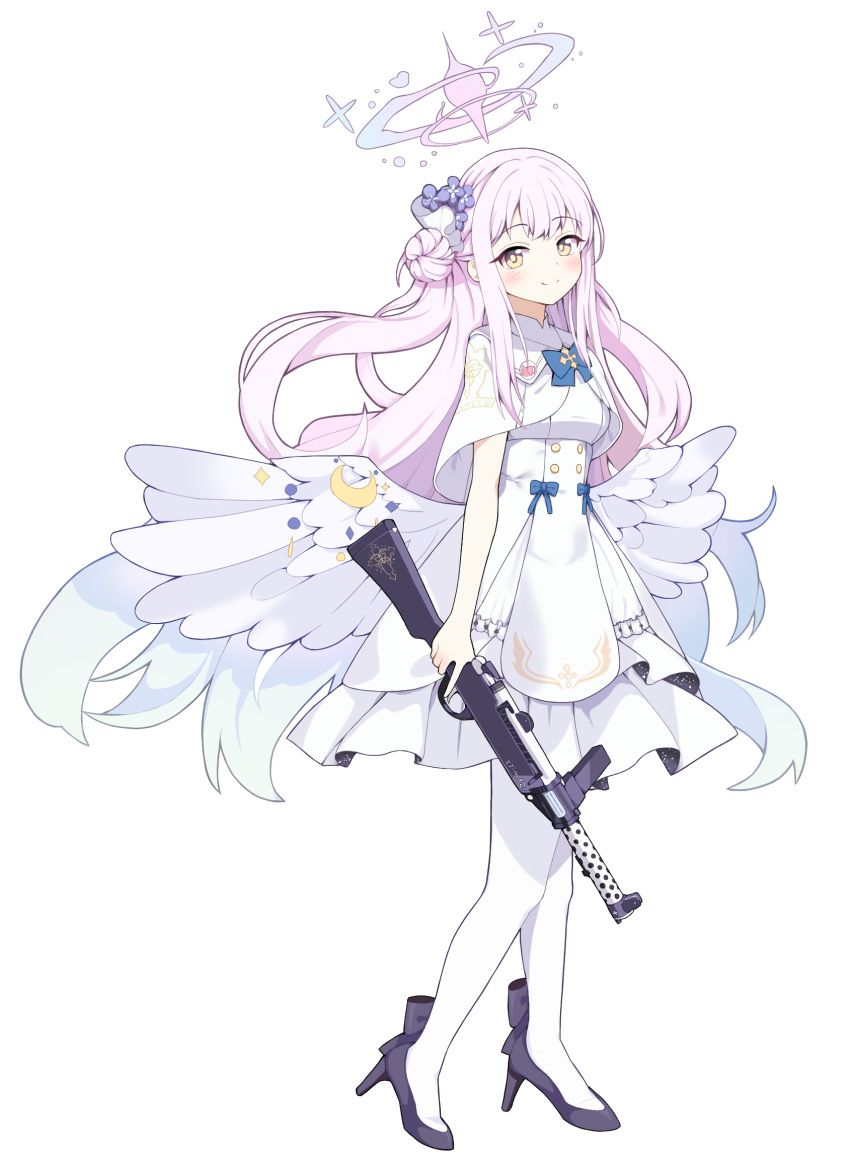 1girl black_footwear blue_archive blue_bow blush bow breasts brown_eyes capelet closed_mouth commentary_request dress feathered_wings gun hair_bun halo high_heels highres holding holding_gun holding_weapon korean_commentary lanchester_smg long_hair looking_at_viewer low_wings medium_breasts mika_(blue_archive) pantyhose pink_hair shoes simple_background single_side_bun smile solo sprout_(haji_s) submachine_gun very_long_hair weapon white_background white_capelet white_dress white_pantyhose white_wings wings