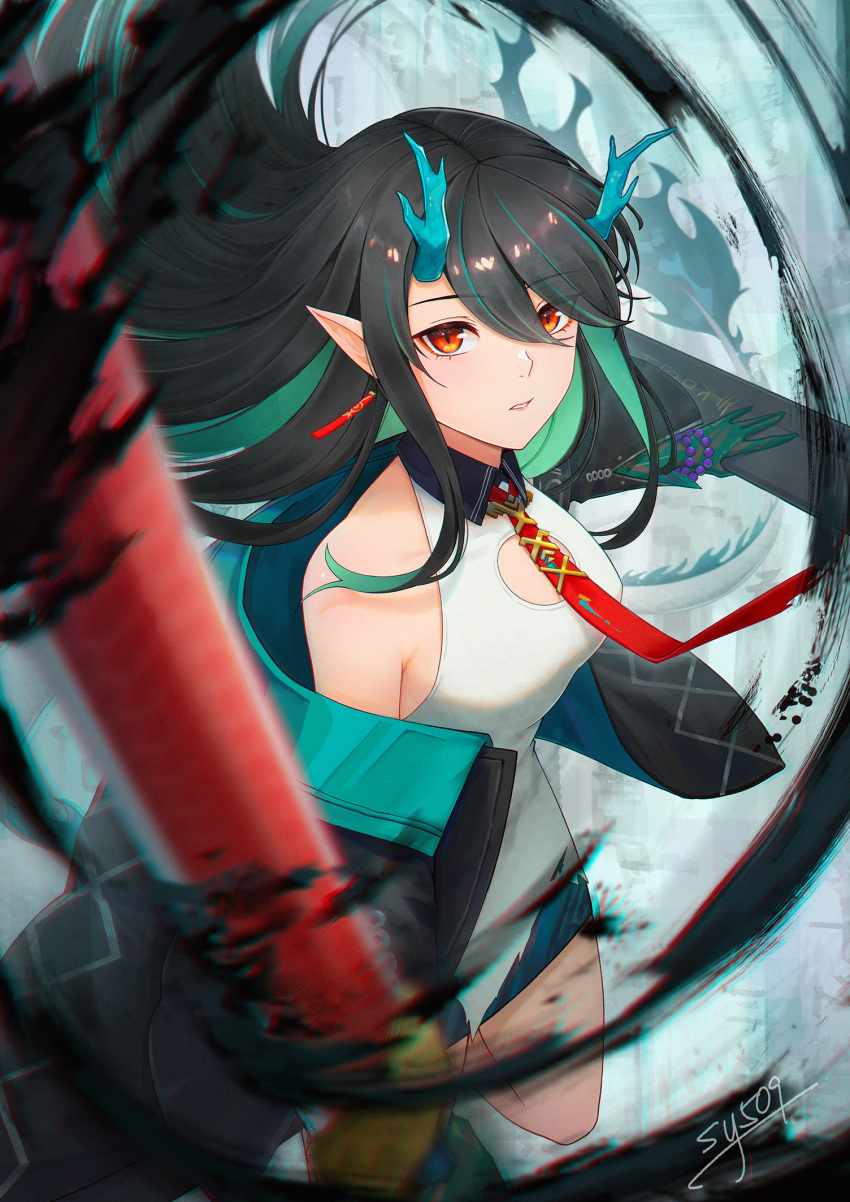 1girl arknights bare_shoulders black_hair black_jacket black_skirt blue_hair blue_horns breasts commentary dragon_girl dragon_horns dragon_tail dusk_(arknights) eyes_visible_through_hair flame-tipped_tail floating_hair green_hair hair_between_eyes highres holding horns jacket long_hair looking_at_viewer medium_breasts multicolored_hair necktie open_clothes open_jacket parted_lips pointy_ears red_eyes red_necktie shirt signature skirt sleeveless sleeveless_shirt slit_pupils solo streaked_hair sy509 tail very_long_hair white_shirt