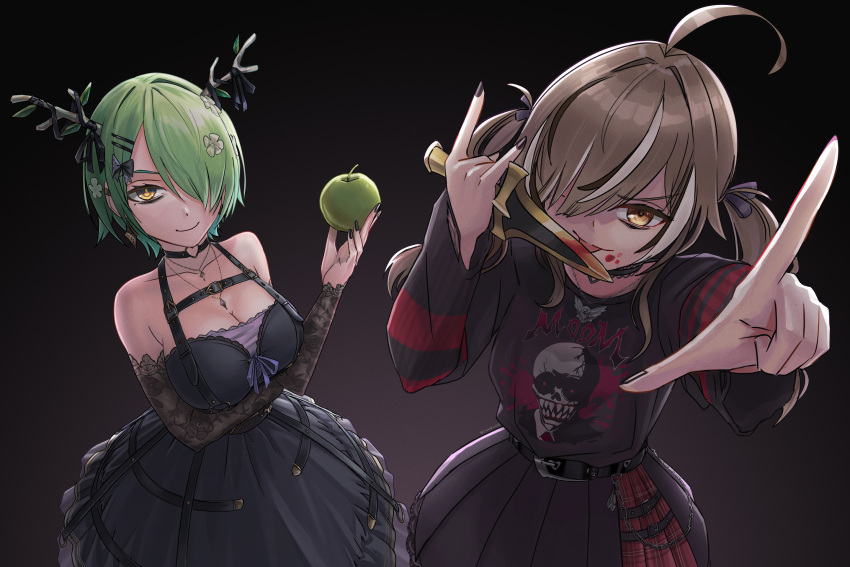 2girls ahoge antler_ornament antlers apple arm_under_breasts belt black_belt black_choker black_dress black_hair black_nails black_ribbon black_shirt black_skirt black_sweater blood blood_on_face blood_on_knife breasts brown_eyes brown_hair cahryos ceres_fauna ceres_fauna_(4th_costume) choker cleavage dagger detached_sleeves dress food fruit green_apple hair_ornament hair_over_one_eye hair_ribbon hairpin heart heart_choker highres holding holding_dagger holding_food holding_fruit holding_knife holding_weapon hololive hololive_english horns huge_ahoge knife lace-trimmed_choker lace_trim large_breasts long_hair looking_at_viewer mole mole_under_eye multicolored_hair multiple_girls nail_polish nanashi_mumei nanashi_mumei_(4th_costume) nightmare_(nanashi_mumei) plaid plaid_skirt pointing pointing_at_viewer red_skirt red_sweater ribbon shirt short_hair skirt sleeveless sleeveless_dress smile streaked_hair sweater sweater_under_shirt torn_clothes torn_sweater twintails virtual_youtuber weapon white_hair yellow_eyes