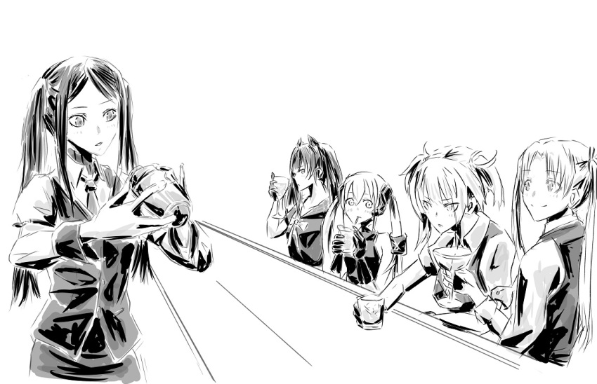 5girls bar_(place) bartender chika_(keiin) cocktail_shaker crossover cup destroyer_(girls'_frontline) drink drinking drinking_glass drinking_straw girls'_frontline greyscale gunslinger_girl holding holding_cup jill_stingray monochrome multiple_crossover multiple_girls necktie ouroboros_(girls'_frontline) trait_connection triela twintails va-11_hall-a welrod_mkii_(girls'_frontline) wine_glass