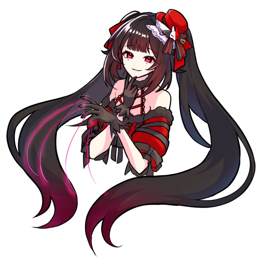 1girl :d black_bow black_gloves bow brown_hair commentary_request cropped_torso fur-trimmed_shirt fur_trim gloves gradient_hair grin hair_bow hand_on_own_chin hat highres honkai:_star_rail honkai_(series) long_hair looking_at_viewer mini_hat mini_top_hat multicolored_hair mutumumu off-shoulder_shirt off_shoulder open_mouth pink_eyes red_hair red_headwear red_shirt shirt simple_background smile solo sparkle_(honkai:_star_rail) teeth top_hat twintails v very_long_hair white_background