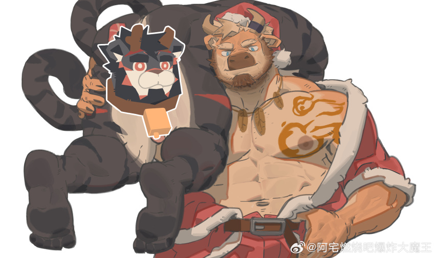 2boys a_zhai_ran_shao_ba_bao_zha_da_mo_wang abs absurdres after_sex animal_ears ass bara bare_pectorals beard black_fur brown_fur carrying_over_shoulder censored character_censor chibi chibi_inset christmas couple cow_ears cow_horns facial_hair feet full_beard full_body furry furry_male hadanugi_dousa hat highres horns iron_mane_(accepted42) large_pectorals male_focus mature_male minotaur multiple_boys muscular muscular_male navel navel_hair nipples novelty_censor original pectorals santa_costume santa_hat smile soles stomach thick_beard thick_eyebrows tiger_boy tiger_ears yaoi