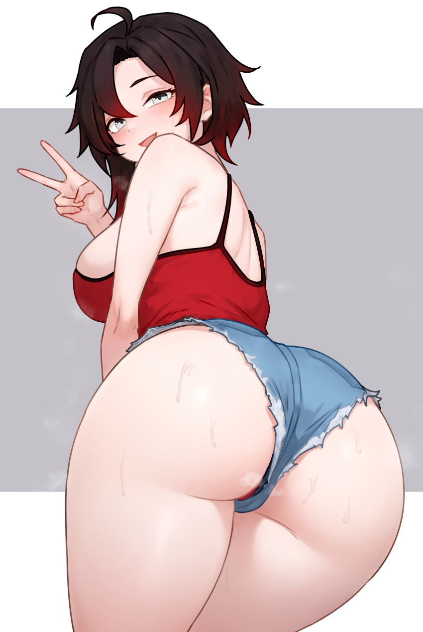 1girl absurdres ahoge ass ass_focus bad_id bad_twitter_id bare_shoulders black_hair blue_shorts bluefield blush breasts breath camisole cutoffs denim denim_shorts gradient_hair grey_background grey_eyes hair_between_eyes hand_up highres large_breasts leaning_forward looking_at_viewer multicolored_hair open_mouth panties pantyshot red_camisole red_hair red_panties ruby_rose rwby short_hair short_shorts shorts smile solo sweat two-tone_background underwear v white_background