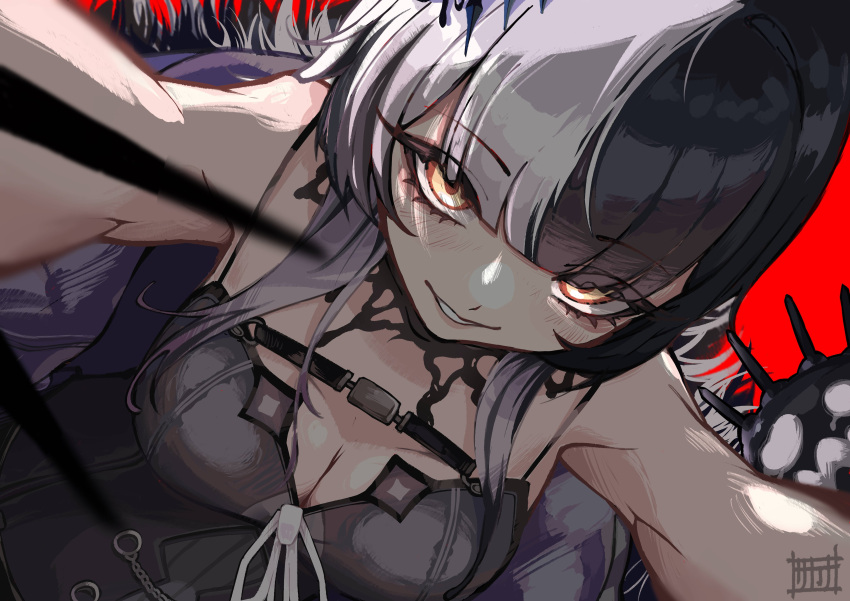 1girl absurdres armpits bare_shoulders black_choker black_coat black_dress black_eyeliner black_hair blunt_bangs breasts chest_belt chest_strap choker cleavage coat dress eyelashes eyeliner fur-trimmed_coat fur_trim grey_hair hair_ornament highres hololive hololive_english lace lace-trimmed_choker lace_choker lace_trim large_breasts long_hair looking_at_viewer makeup multicolored_hair off-shoulder_dress off_shoulder pov ribbon sakanayukii shiori_novella shiori_novella_(1st_costume) sleeveless sleeveless_dress smile solo split-color_hair streaked_hair two-tone_hair virtual_youtuber white_hair white_ribbon yellow_eyes