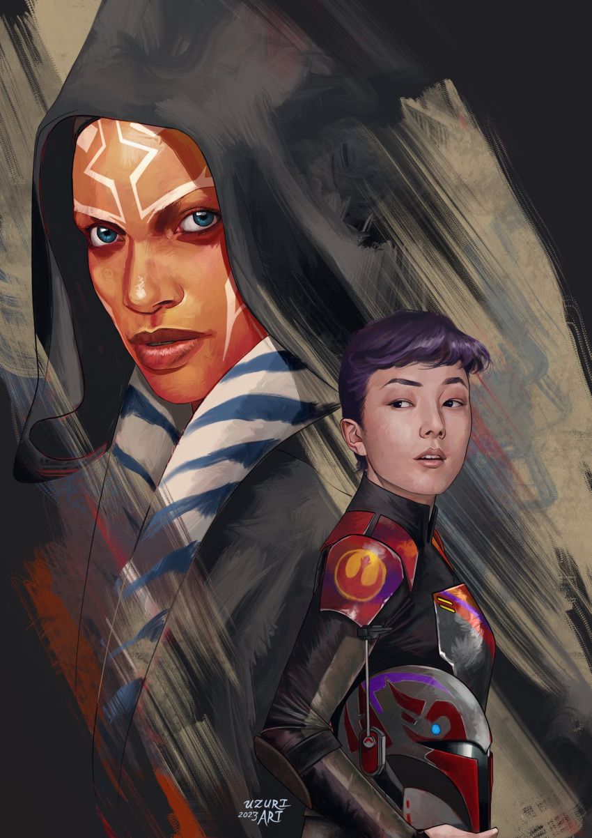 2girls ahsoka_tano alien artist_name black_cloak blue_eyes cloak colored_skin dated helmet highres hood hooded_cloak lekku_(anatomy) looking_to_the_side mandalorian mandalorian_armor mandalorian_helmet multiple_girls orange_skin purple_hair sabine_wren short_hair star_wars star_wars:_ahsoka togruta unworn_headwear unworn_helmet upper_body uzuri_art