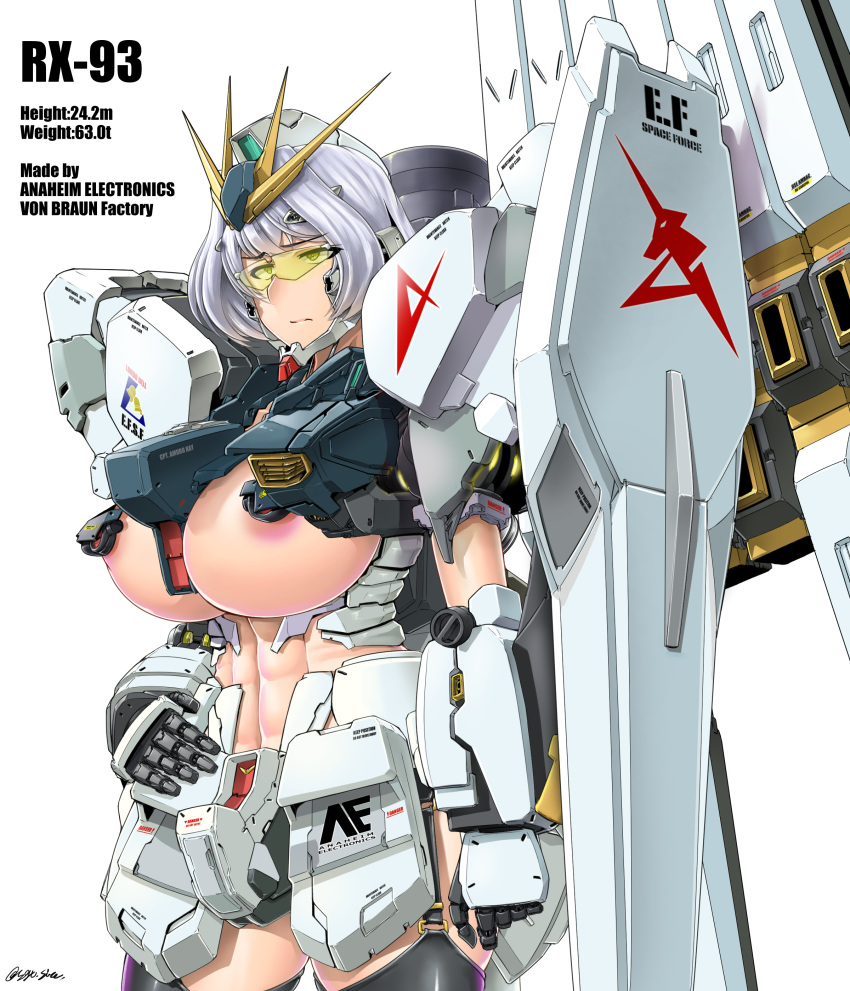 abs absurdres areola_slip areolae armor bangs between_breasts black_legwear breasts buckle char's_counterattack character_profile closed_mouth cowboy_shot curvy ear_protection english eyebrows_visible_through_hair fin_funnels furrowed_eyebrows garter_straps gundam headgear headpiece highres huge_breasts looking_away measurements mecha_musume nu_gundam personification saizu_nitou_gunsou sanpaku shield short_hair silver_hair simple_background solo standing thighhighs twitter_username visor white_background yellow_eyes